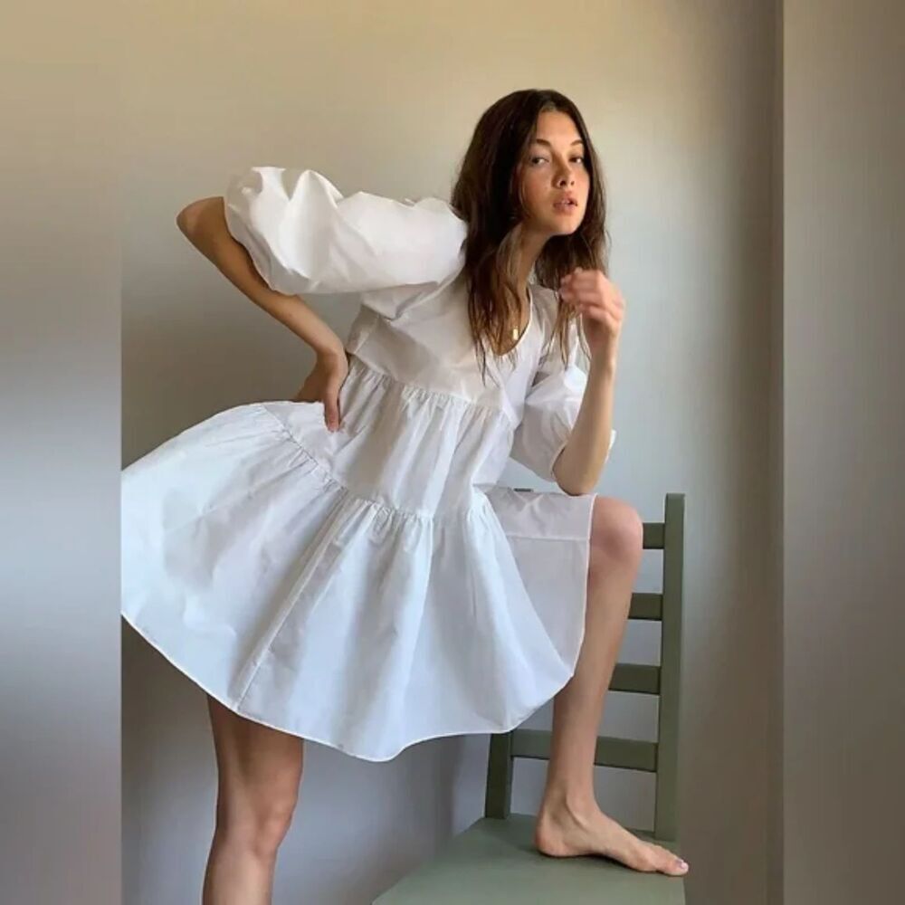 ARITZIA Wilfred White Fantasy Taffeta Crepe Tiered Baby Doll Mini Dress Small - Picture 4 of 11